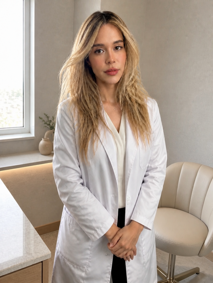 Doutora Natasha Amorim em consultório, em retrato produzido com IA a partir de sua foto.